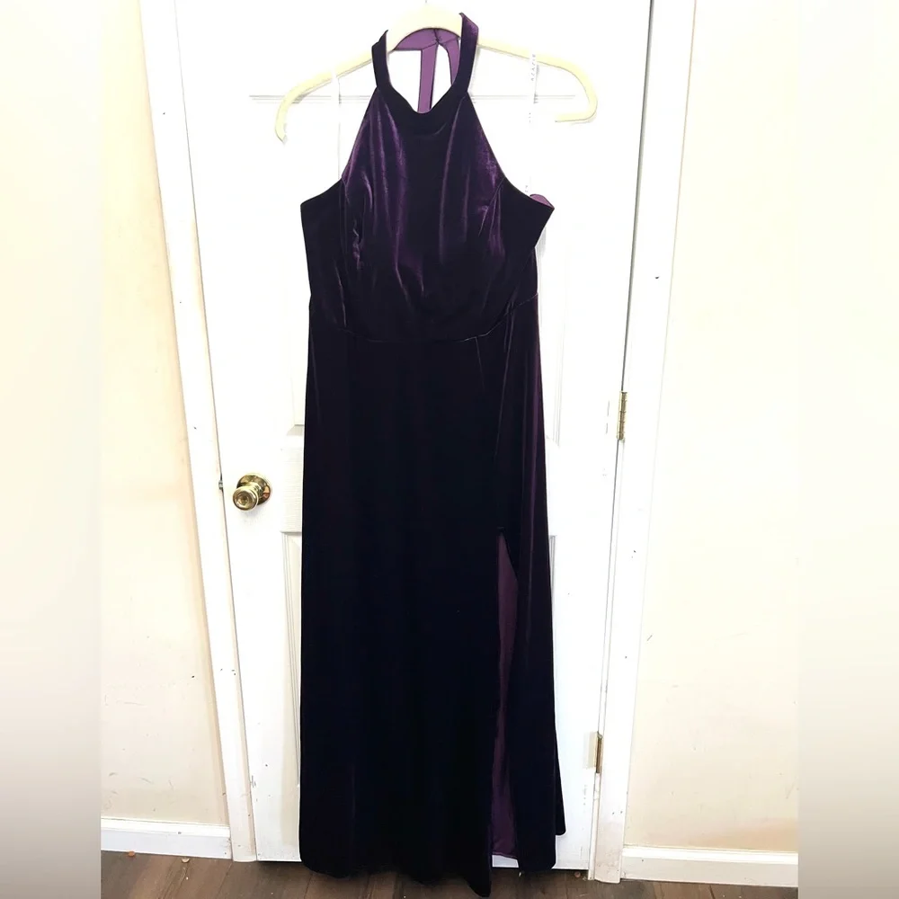Azazie Larice Grape Aline High Neck Velvet Dress Plus Size 22 New